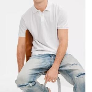 American Eagle Classic Casual Short Sleeve Lived-In Pique Polo Shirt White XS